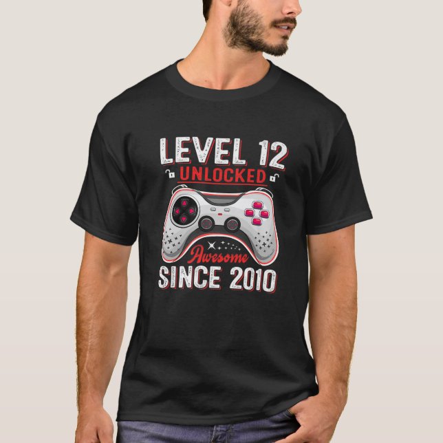12Th Birthday Boy Level 12 Unlocked Awesome 2010 V T-Shirt (Front)