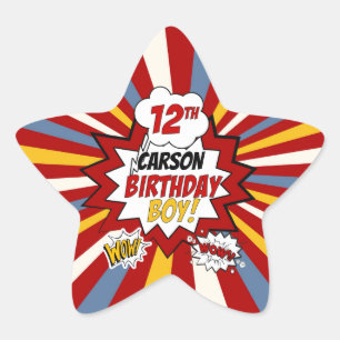 12th Birthday Boy Superhero Comic with Name Star Sticker
