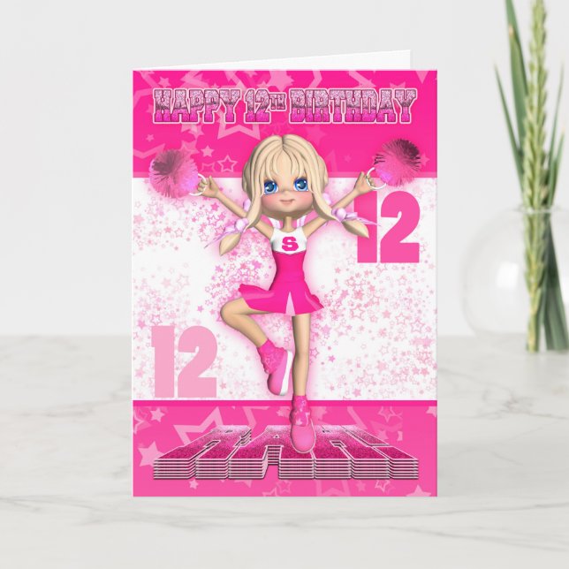 12th Birthday Cheerleader Dancing, Stars In Pinks Card (Front)