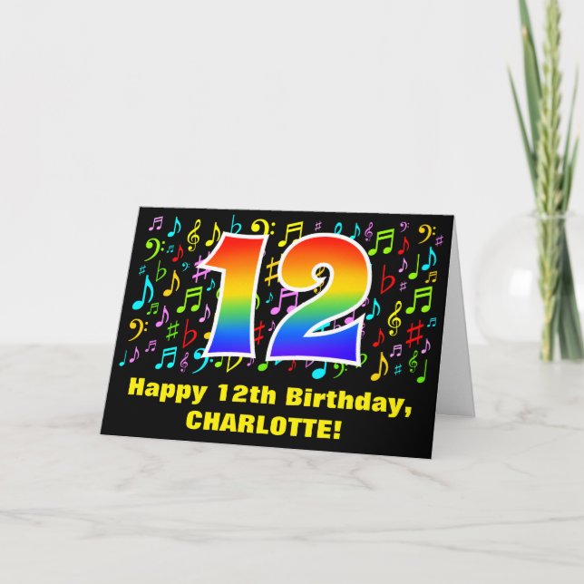 12th Birthday: Colorful Music Symbols & Rainbow 12 Card (Front)