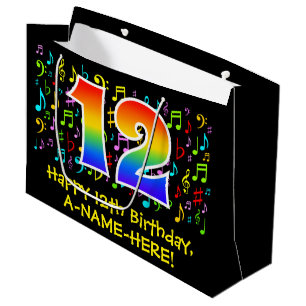 12th Birthday - Colorful Music Symbols, Rainbow 12 Large Gift Bag