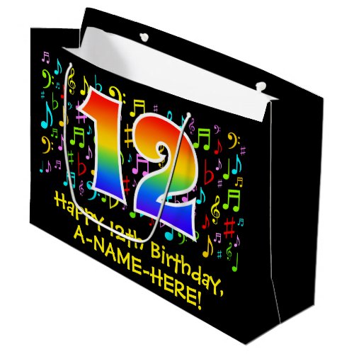 12th Birthday _ Colorful Music Symbols Rainbow 12 Large Gift Bag