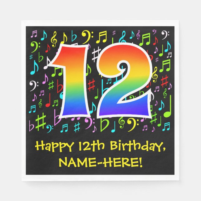 12th Birthday - Colorful Music Symbols, Rainbow 12 Napkins (Front)