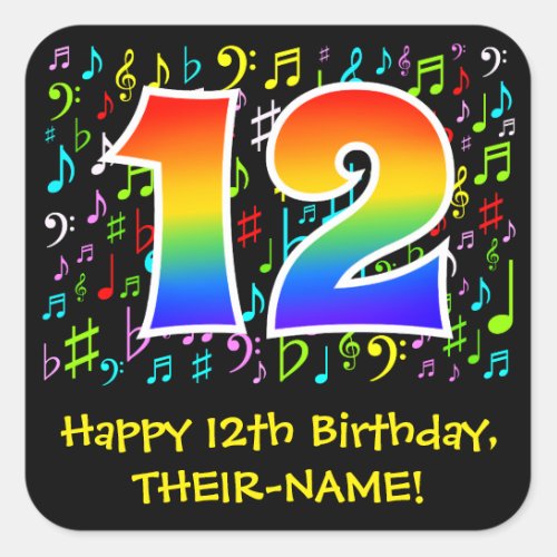 12th Birthday Colorful Music Symbols Rainbow 12 Square Sticker