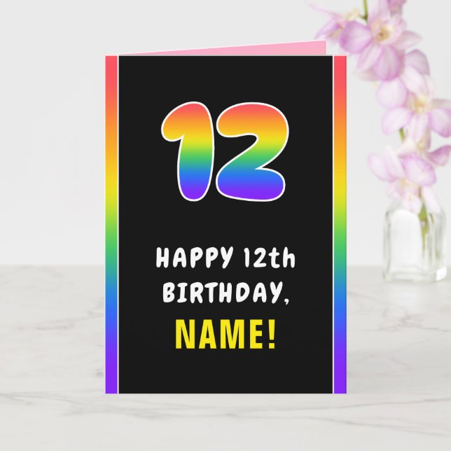 12th Birthday: Colorful Rainbow # 12, Custom Name Card (Orchid)