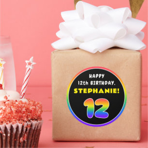 12th Birthday: Colorful Rainbow # 12, Custom Name Classic Round Sticker