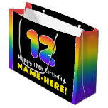 [ Thumbnail: 12th Birthday: Colorful Rainbow # 12, Custom Name Gift Bag ]