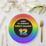 [ Thumbnail: 12th Birthday: Colorful Rainbow # 12, Custom Name Paper Plates ]