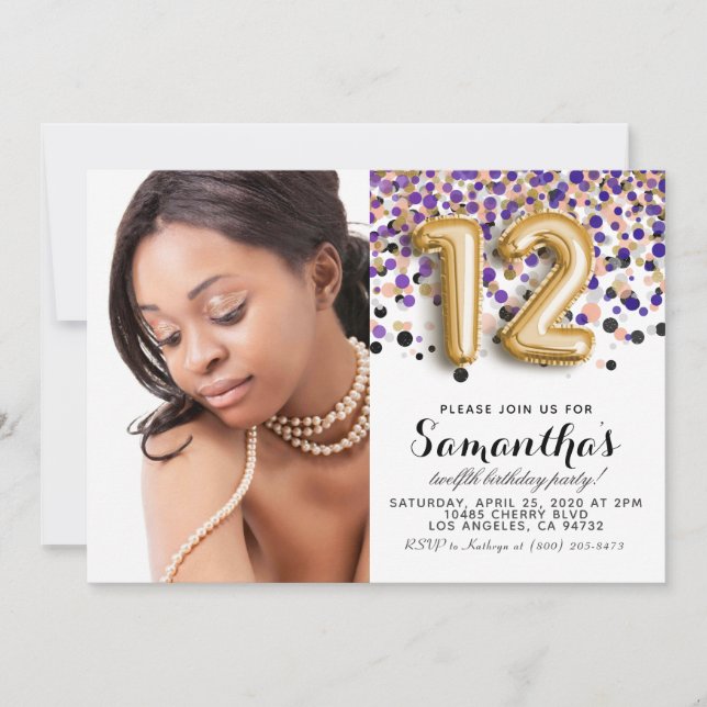 12th Birthday Confetti Gold Portrait Invitation (Front)