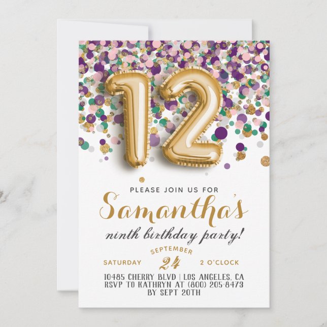 12th Birthday Confetti Invitation (Front)