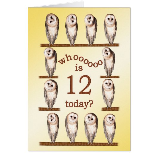 12th birthday, Curious owls card. Cards (Front)