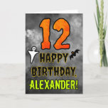 12th Birthday: Eerie Halloween Theme   Custom Name Card<br><div class="desc">The front of this spooky and scary Hallowe’en themed birthday greeting card design features a large number “12”. It also features the message “HAPPY BIRTHDAY, ”, plus a personalized name. There are also depictions of a bat and a ghost on the front. The inside features a custom birthday greeting message,...</div>