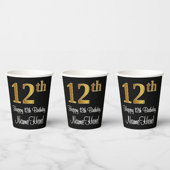 12th Birthday - Elegant Luxurious Faux Gold Look # Paper Cups (Multi)