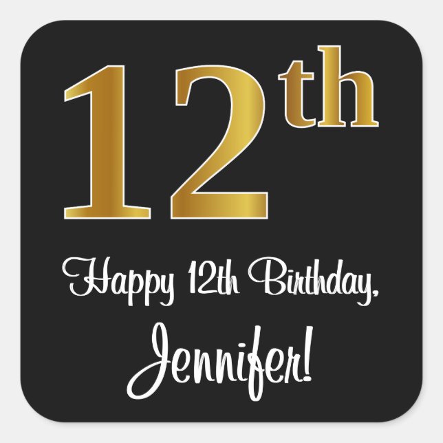 12th Birthday – Elegant Luxurious Faux Gold Look # Square Sticker (Front)