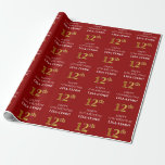 [ Thumbnail: 12th Birthday: Elegant, Red, Faux Gold Look Wrapping Paper ]