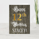 [ Thumbnail: 12th Birthday: Faux Gold Look + Faux Wood Pattern Card ]