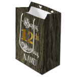 [ Thumbnail: 12th Birthday: Faux Gold Look & Faux Wood Pattern Gift Bag ]