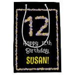[ Thumbnail: 12th Birthday: Floral Flowers Number, Custom Name Gift Bag ]