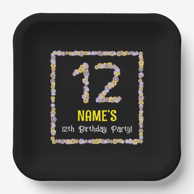 12th Birthday: Floral Flowers Number, Custom Name Paper Plates (Front)