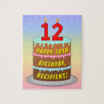 [ Thumbnail: 12th Birthday: Fun Cake and Candles + Custom Name Jigsaw Puzzle ]