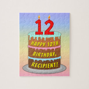 12th Birthday: Fun Cake and Candles + Custom Name Jigsaw Puzzle