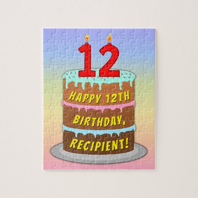 12th Birthday: Fun Cake and Candles + Custom Name Jigsaw Puzzle (Vertical)
