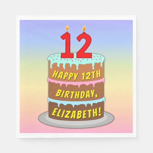 12th Birthday: Fun Cake and Candles + Custom Name Napkins (Front)