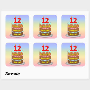 12th Birthday: Fun Cake and Candles + Custom Name Square Sticker