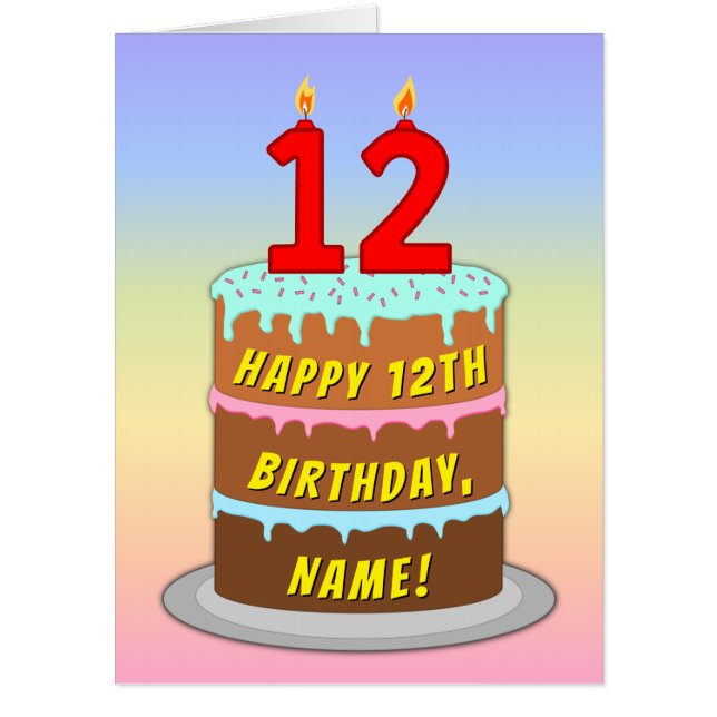 12th Birthday: Fun Cake & Candles, w/ Custom Name Card (Front)