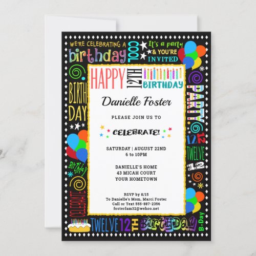 12th Birthday Fun Color Crazy Text on Black Party Invitation