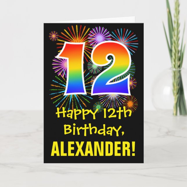 12th Birthday: Fun Fireworks Pattern + Rainbow 12 Card (Front)