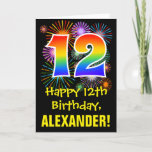 [ Thumbnail: 12th Birthday: Fun Fireworks Pattern + Rainbow 12 Card ]