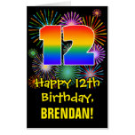 [ Thumbnail: 12th Birthday: Fun Fireworks Pattern & Rainbow 12 Card ]