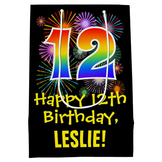 12th Birthday: Fun Fireworks Pattern + Rainbow 12 Medium Gift Bag (Back)