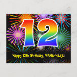 [ Thumbnail: 12th Birthday – Fun Fireworks Pattern + Rainbow 12 Postcard ]