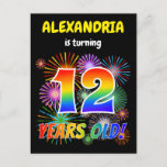 [ Thumbnail: 12th Birthday - Fun Fireworks, Rainbow Look "12" Postcard ]