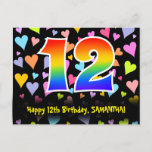 [ Thumbnail: 12th Birthday: Fun Hearts Pattern, Rainbow 12 Postcard ]
