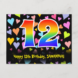 12th Birthday: Fun Hearts Pattern, Rainbow 12 Postcard
