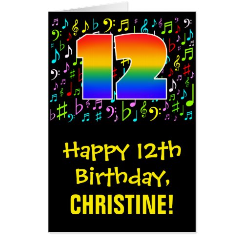 12th Birthday Fun Music Symbols  Rainbow  12 Card