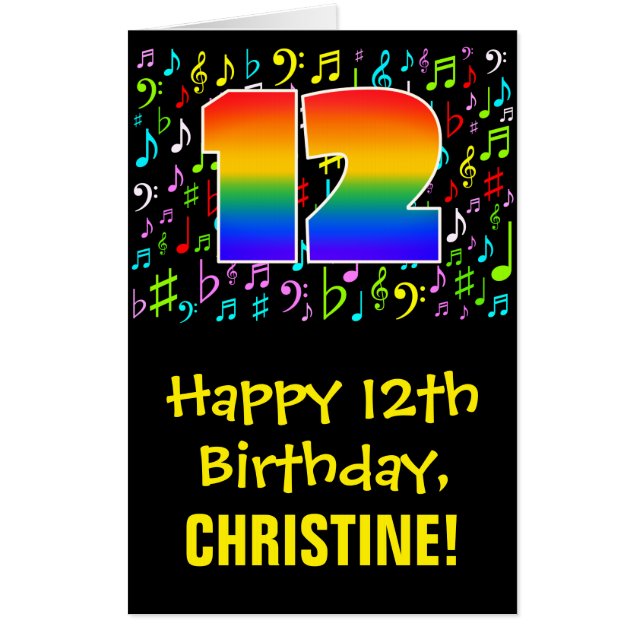 12th Birthday: Fun Music Symbols + Rainbow # 12 Card (Front)