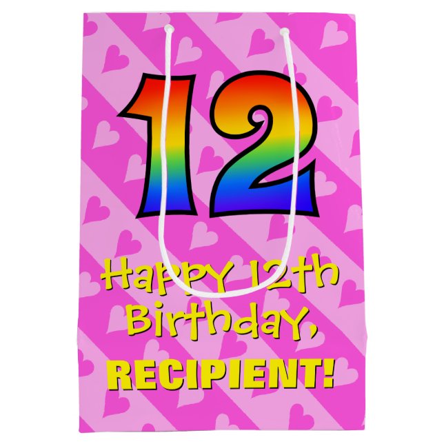 12th Birthday: Fun Pink Hearts Stripes; Rainbow 12 Medium Gift Bag (Back)