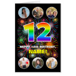 [ Thumbnail: 12th Birthday: Fun Rainbow #, Custom Name + Photos Card ]