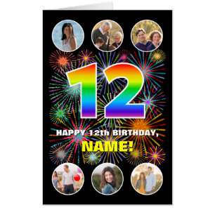 12th Birthday: Fun Rainbow #, Custom Name + Photos Card
