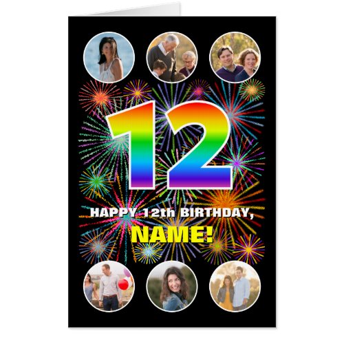 12th Birthday Fun Rainbow  Custom Name  Photos Card