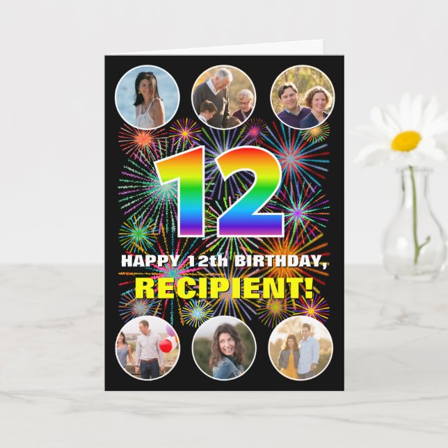 12th Birthday: Fun Rainbow #, Custom Name & Photos Card (Small Plant)