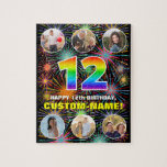 [ Thumbnail: 12th Birthday: Fun Rainbow #, Custom Name + Photos Jigsaw Puzzle ]