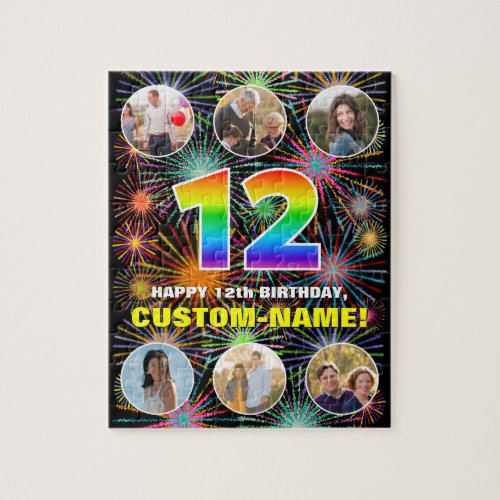 12th Birthday Fun Rainbow  Custom Name  Photos Jigsaw Puzzle