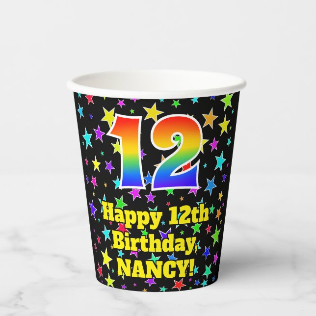 12th Birthday: Fun Stars Pattern and Rainbow 12 Paper Cups (Front)