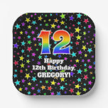 [ Thumbnail: 12th Birthday: Fun Stars Pattern and Rainbow “12” Paper Plates ]