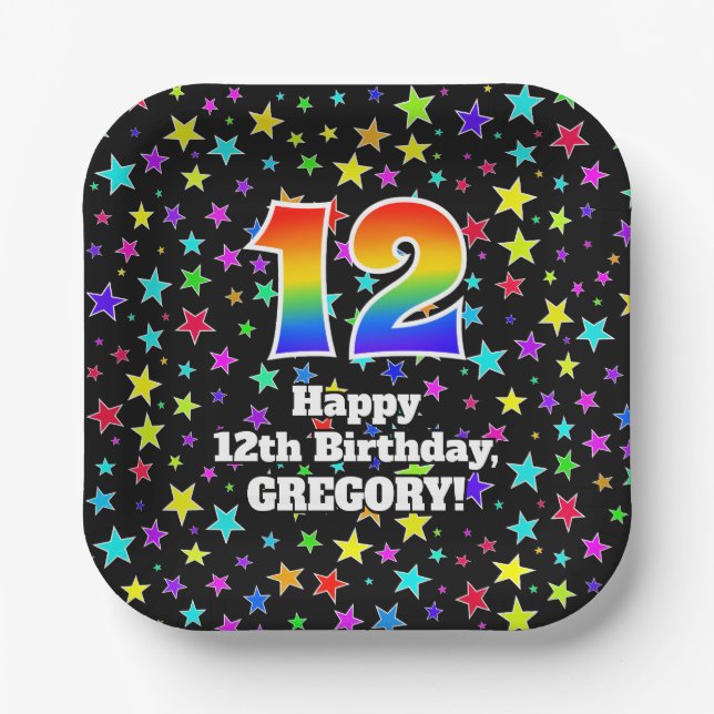 12th Birthday: Fun Stars Pattern and Rainbow “12” Paper Plates (Front)
